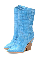 Damen Mid Calf Stiefel Hellhimmelblau Pointed Toe Snakeskin Print Stiefel