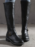 Damen Mid Calf Stiefel Schwarz Leder Round Toe 1.6 "Stiefel Street Wear