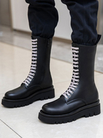 Damen Mid Calf Stiefel Schwarz Leder Round Toe Flatform Damenstiefel