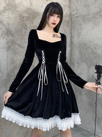 Damen Midi Kleid Black Square Neck Schnüren Langarm Polyester Gothic Rock