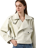 Damen Motorradjacke Ecru White Polyester Turndown Collar Langarm PU-Lederjacke