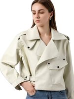 Damen Motorradjacke Ecru White Polyester Turndown Collar Langarm PU-Lederjacke