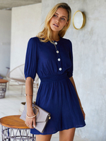 Damen Navy Blue Jumpsuits V-Ausschnitt Halbärmel Polyester Sommer Spielanzug