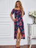 Damen Navy Blue Maxikleider Kurzarm Bedrucktes Bateau Neck Bodycon Tatting bodenlanges Kleid