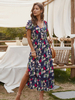 Damen Navy Blue Maxikleider Kurzarm V-Ausschnitt Polyester Bohemian bodenlanges Kleid