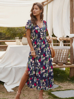 Damen Navy Blue Maxikleider Kurzarm V-Ausschnitt Polyester Bohemian bodenlanges Kleid