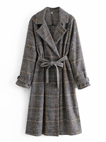 Damen Oberbekleidung Grau Plaid Turndown Kragen Langarm Lässig Gesteppter Langmantel
