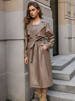 Damen Oberbekleidung Turndown Kragen Langarm Casual Coffee Brown Wickelmantel Casual Kunstledermantel