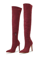 Damen Oberschenkel hohe Stiefel Stiletto-Absatz spitze Zehe Micro Wildleder Obermaterial Burgunder Overknee-Stiefel