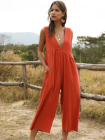 Damen Orange Red Jumpsuit Ärmelloser Polyester Long Straight Summer Playsuit