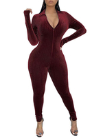 Damen Overall Burgunder V-Ausschnitt Langarm Zipper Velours Sommer Spielanzug