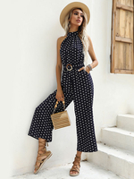 Damen Overall Dark Navy Polka Dot Neckholder Ärmellos Polyester Sommer Einteiler Outfit