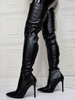 Damen Overknee-Stiefel PU-Leder Schwarz Spitze Zehenhimmel High Stiletto Heel Boot