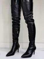 Damen Overknee-Stiefel PU Leder Schwarz Stiletto Heel High Thigh High Boots