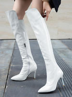 Damen Overknee Stiefel PU Leder Weiß Spitze Zehen Stiletto Absatz Stiefeletten
