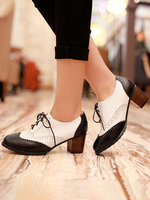 Damen Oxfords Black Classic Round Toe Leder Schnür Blockabsatz Oxford Schuhe
