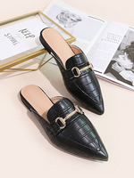 Damen Pantoletten aus schwarzem PU-Leder mit spitzen Zehen; Slip-On-Welpenabsatz; lässige; flache Schuhe