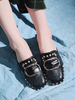 Damen Pantoletten Clogs Leder Black Square Toe Slip-On Pantoletten mit niedrigem Absatz