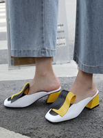 Damen Pantoletten Clogs Leder White Square Toe Schuhe Slip-On Pantoletten