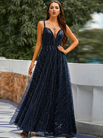 Damen Partykleider Dark Navy V-Ausschnitt Lace Up Ärmellos Rückenfreies Layered Semi Formal Dress