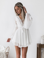 Damen Partykleider V-Ausschnitt Schnürung Lange Ärmel Asymmetrisches Semi-Minikleid