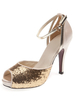 Damen Peeptoes aus Paillettestoff in Schwarz mit Fesselriemchen und Trompetenheels