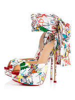 Damen Peeptoes aus PU mit Print und Fesselriemchen und Schnüren und Stilettos