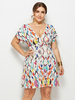 Damen Plus Size Kleid Weiß V-Ausschnitt Schnür-T-Shirt Kurzarm Polyester Bedrucktes Sommer Midi Kleid