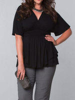 Damen Plus Size Shirt Weiß V-Ausschnitt Halbarm Rüschen Plissee Polyester Casual Bluse Sommer Top