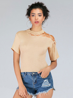 Damen Pullover Aprikose Kordelzug Jewel Neck Kurzarm Ärmel Kordelzug Polyester Pullover