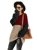 Damen Pullover Burgund Farbblock Jewel Neck Langarm Baumwollpullover
