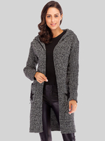 Damen Pullover Cardigans Grau Polyester Taschen Langarm Kapuzenmantel