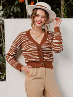 Damen Pullover Cardigans Kaffee Braun Polyester Streifen Langarm V-Ausschnitt Mantel