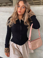 Damen Pullover Cardigans Schwarz Polyester Leopardenmuster Langarm Turndown Collar Shirt