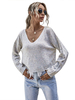 Damen Pullover Ecru Weiß bedruckt V-Ausschnitt Langarm Baumwolle Freizeitpullover