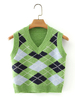 Damen Pullover Gras Grün Plaid V-Ausschnitt Ärmellose Polyester Pullover Weste