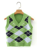 Damen Pullover Gras Grün Plaid V-Ausschnitt Ärmellose Polyester Pullover Weste