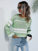 Damen Pullover Hellgrüne Streifen Jewel Neck Langarm Polyester Baumwolle Pullover