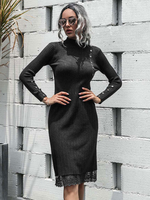 Damen Pullover Kleid Aprikose Juwel Halsknöpfe Lässig Bodycon Kleider Langarm Polyester Bleistiftkleid