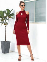 Damen Pullover Kleid Bodycon Kleider Orange Langarm ausgeschnitten Casual Jewel Neck Midi Etuikleid