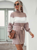Damen Pullover Kleid mit Gürtel Schöne Block High Collar Langarm Polyester Casual Strickkleid