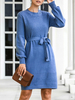Damen Pullover Kleider Blue Jewel Neck Langarm Schnüren Strickkleid