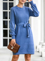 Damen Pullover Kleider Blue Jewel Neck Langarm Schnüren Strickkleid