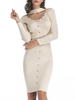 Damen Pullover Kleider Jewel Neck Langarm Perlen Weiß Bodycon Strick Etuikleid