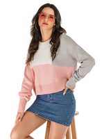 Damen Pullover Pink Color Block Jewel Neck Langarm Polyester Classic Pullover