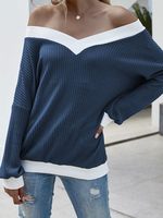 Damen Pullover Pullover Blaue zweifarbige Pullover mit V-Ausschnitt und langen Ärmeln