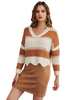 Damen Pullover Pullover Blond Zweifarbige Langarmpullover mit V-Ausschnitt und langen Ärmeln