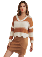 Damen Pullover Pullover Blond Zweifarbige Langarmpullover mit V-Ausschnitt und langen Ärmeln