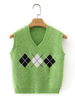 Damen Pullover Pullover Gras Grün Plaid V-Ausschnitt Ärmellose Polyester Pullover Weste