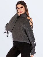 Damen Pullover Pullover Grau Schnür hoch Kragen Langarm Acryl Pullover